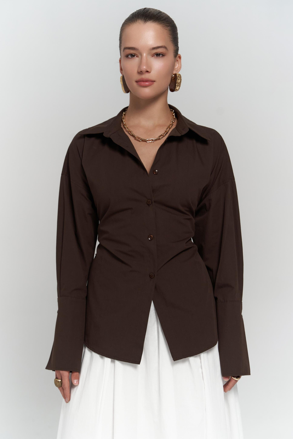 Novers İp Detay Kahve Gömlek