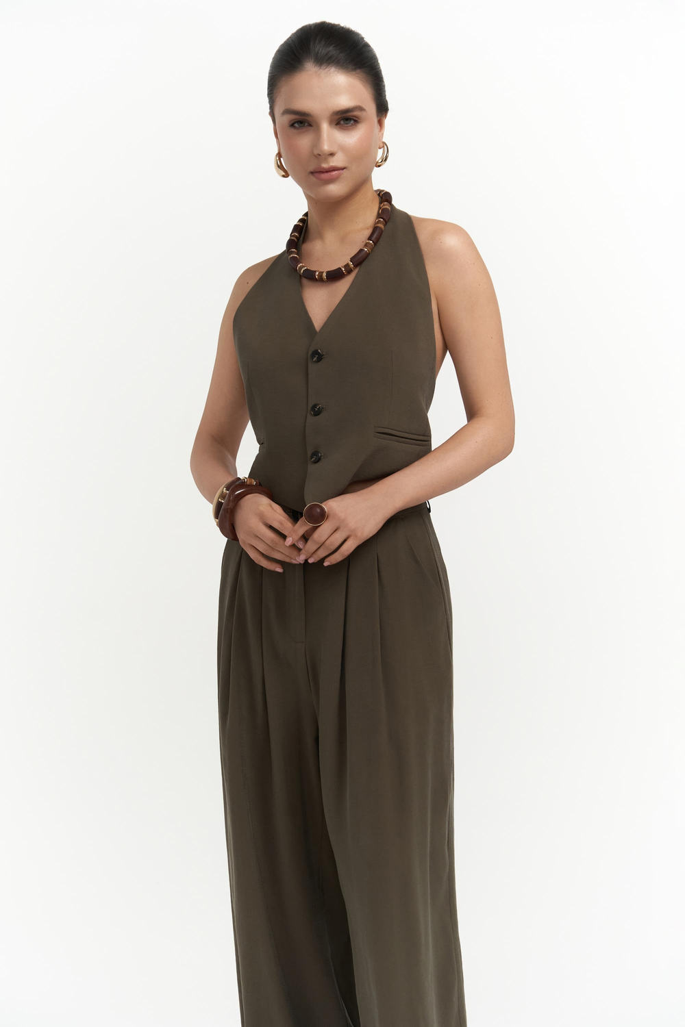 Pailey Sırt Dekolteli Haki Yelek Pantolon Takım