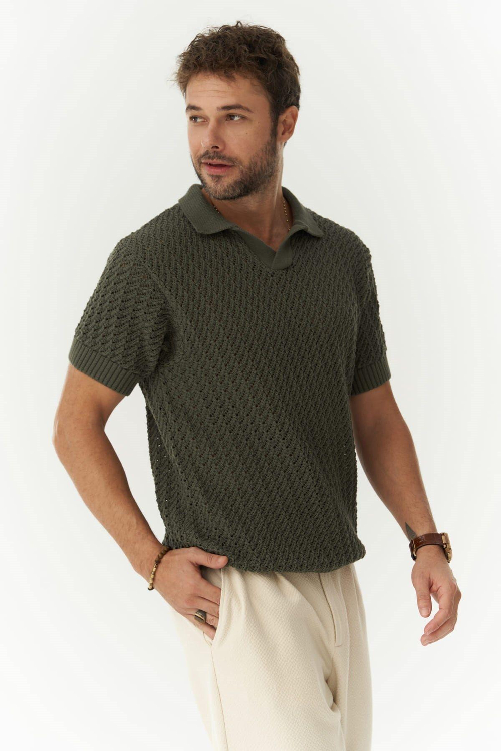 Peter Erkek Polo Yaka Haki Triko T-Shirt