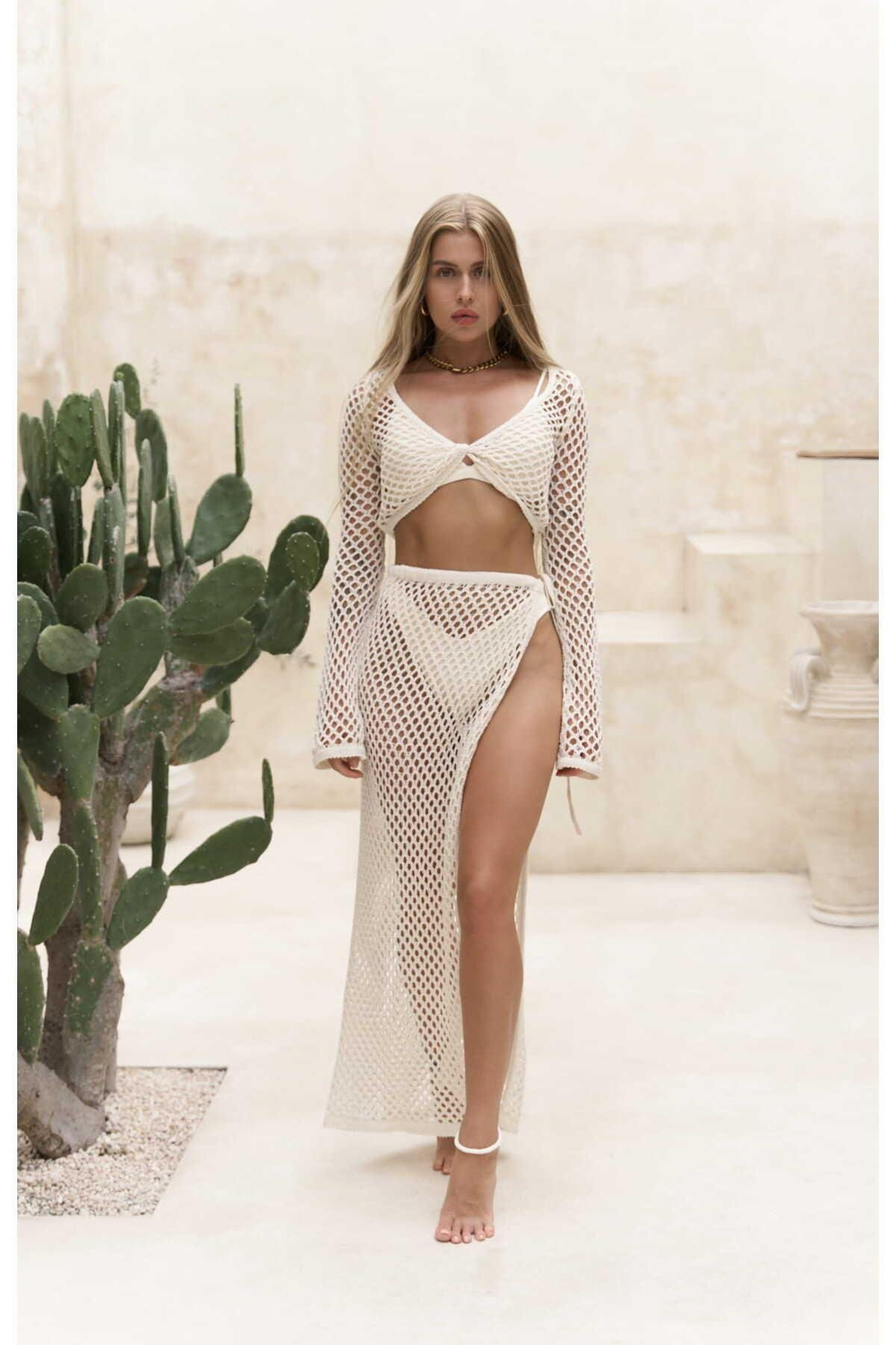 Rubina Bej Triko Crop-Etek Takım