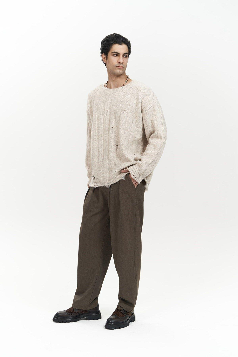 Vincent Yırtık Detay Bej Erkek Triko Kazak