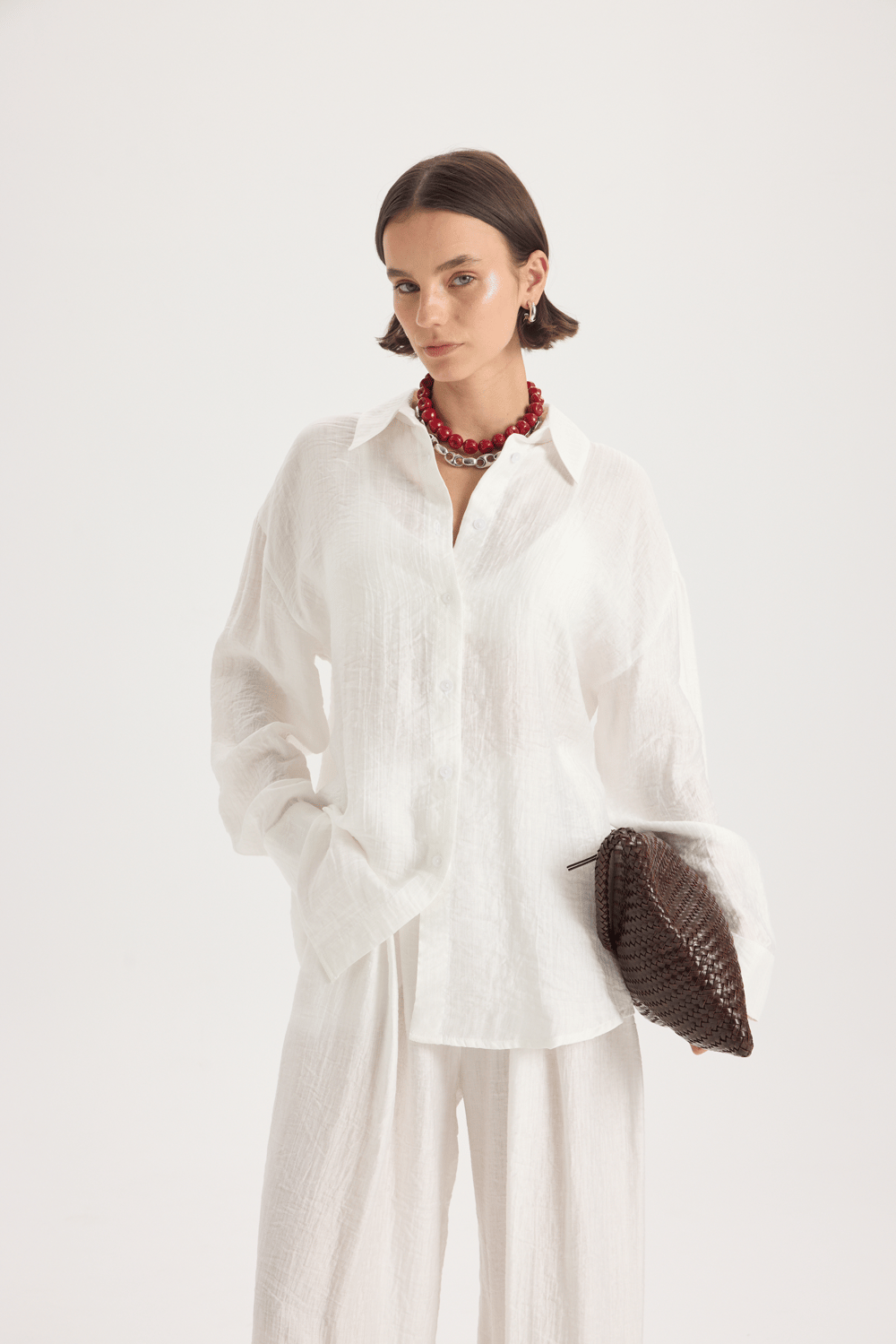 Yovena Düğme Detay Ekru Oversize Gömlek
