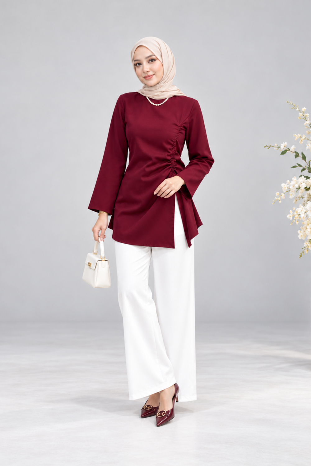 Asel Büzgülü Asimetrik Bluz Bordo