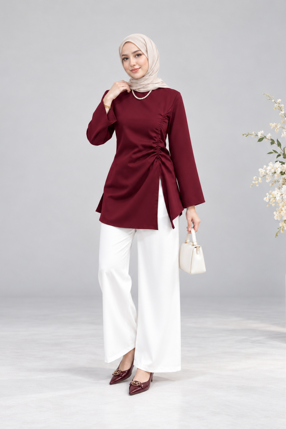 Asel Büzgülü Asimetrik Bluz Bordo