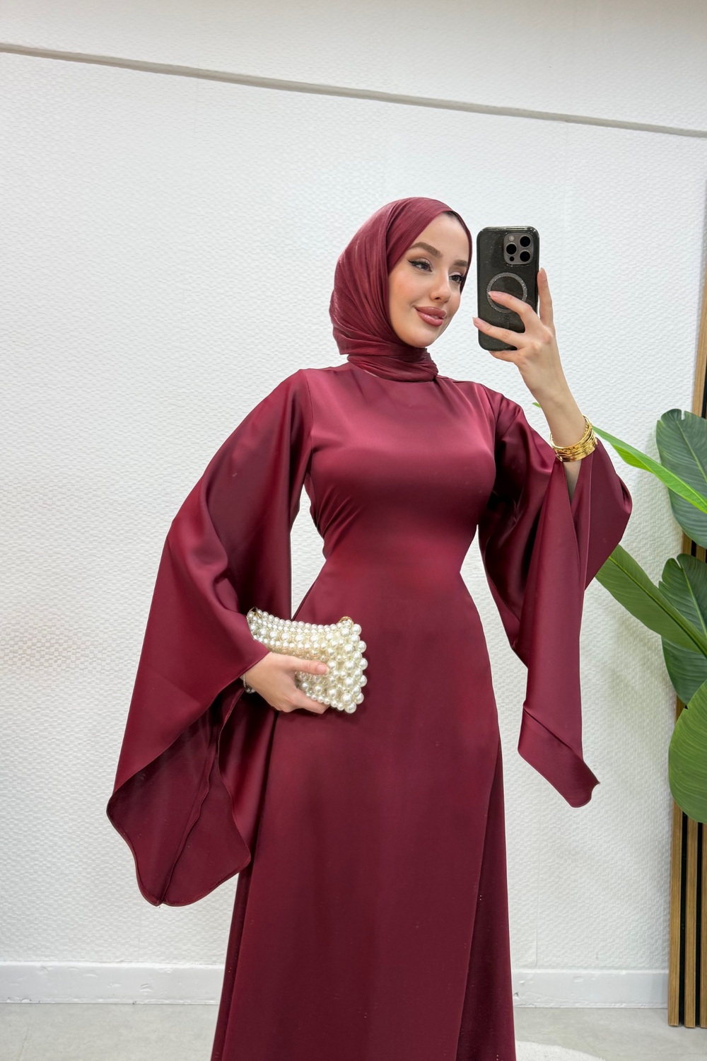 Bordo Yarasa Kol Zara Saten Tesettür Abiye Elbise