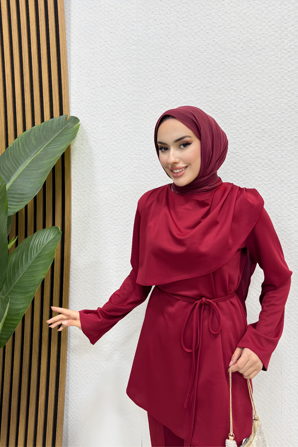 Önü Drapeli İpli Tesettür Takım Bordo