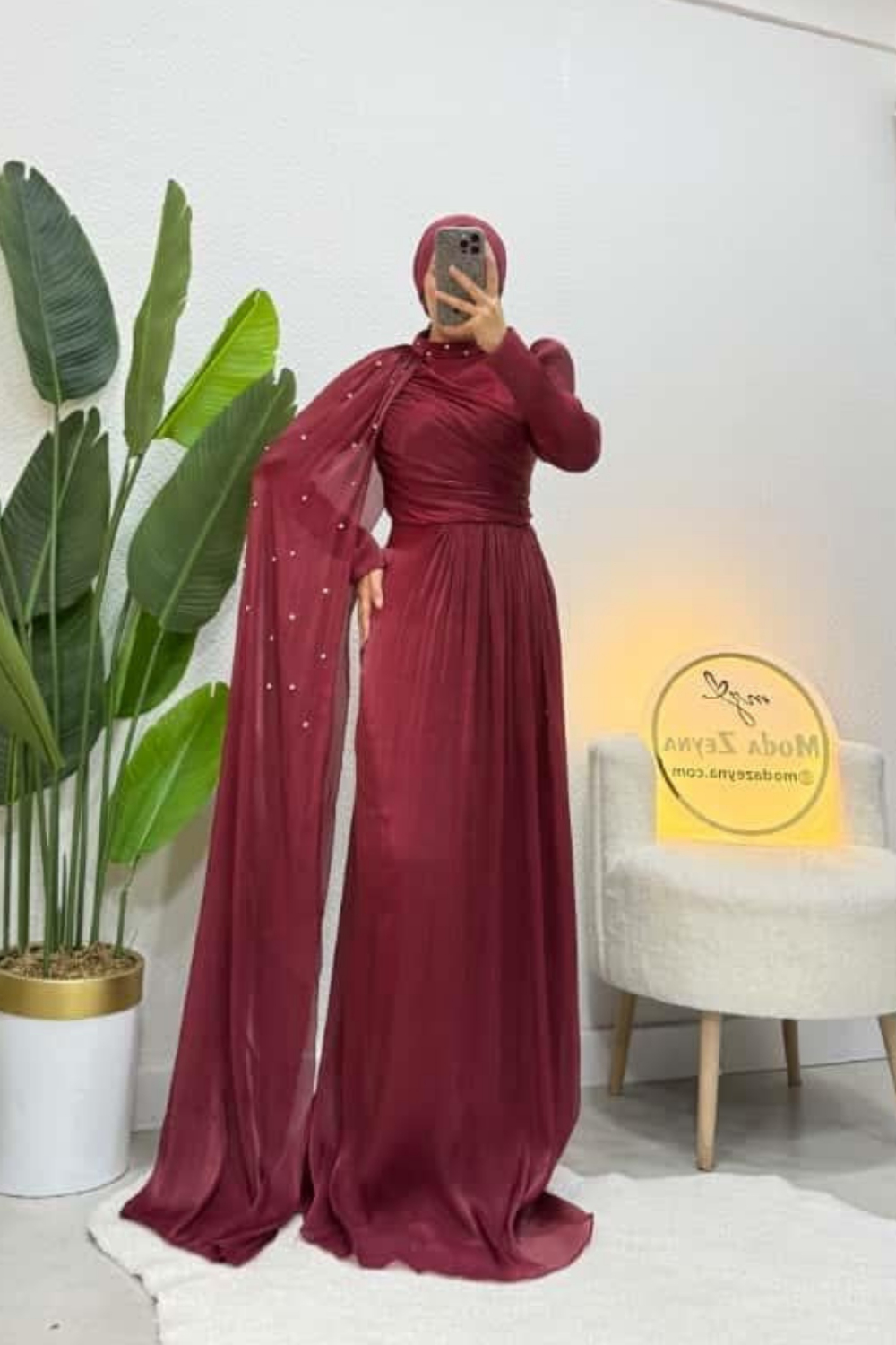Sofya Couture Bordo Taş İşlemeli Pelerin Abiye