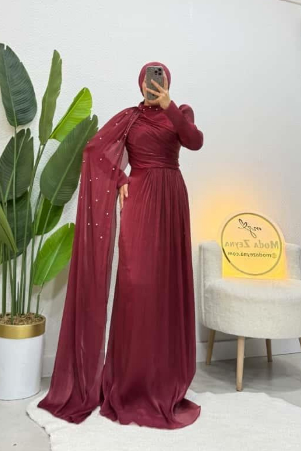 Sofya Couture Bordo Taş İşlemeli Pelerin Abiye