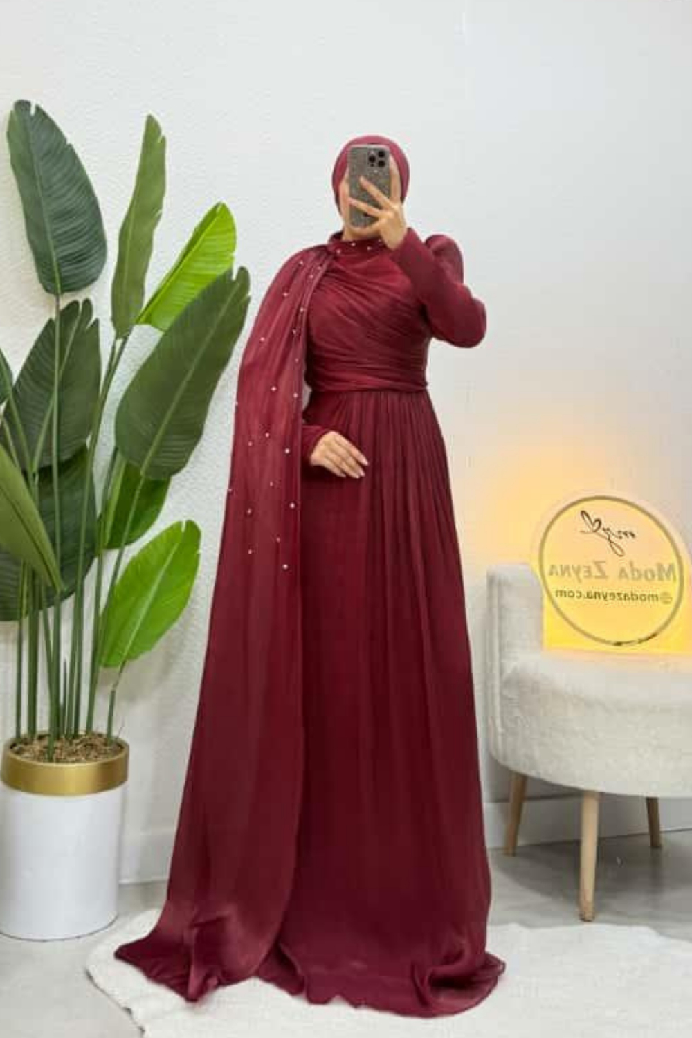 Sofya Couture Bordo Taş İşlemeli Pelerin Abiye