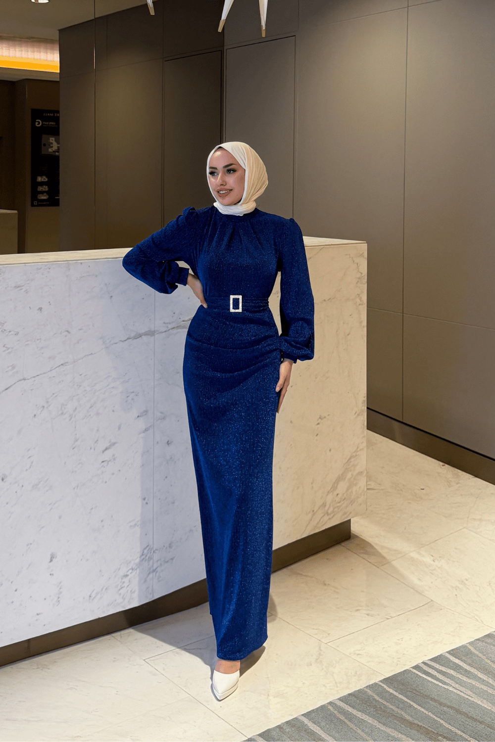 Zerafet Tokalı Saks Mavisi Simli Jakar Tesettür Elbise