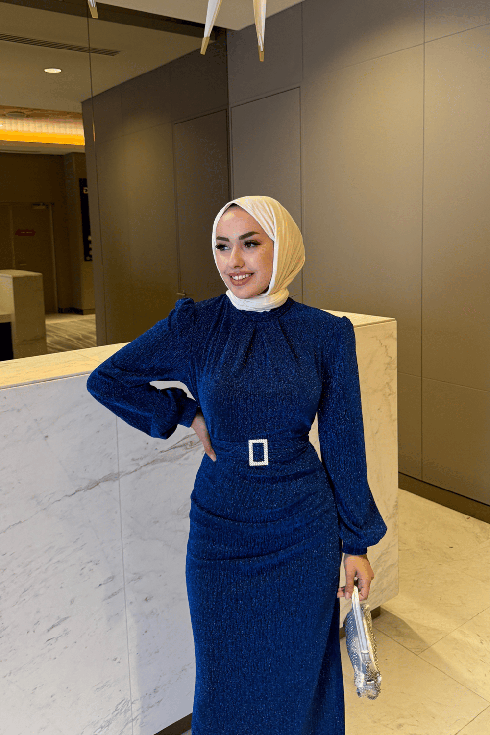 Zerafet Tokalı Saks Mavisi Simli Jakar Tesettür Elbise