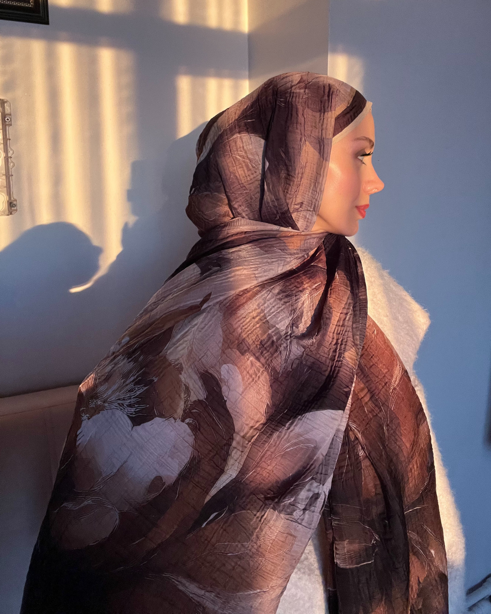 Bej Floral Desenli Müslin Şal
