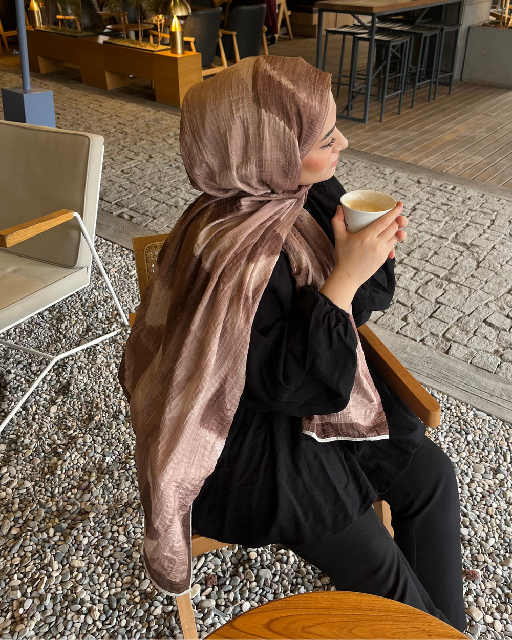 Bej Karan Desenli Müslin Şal