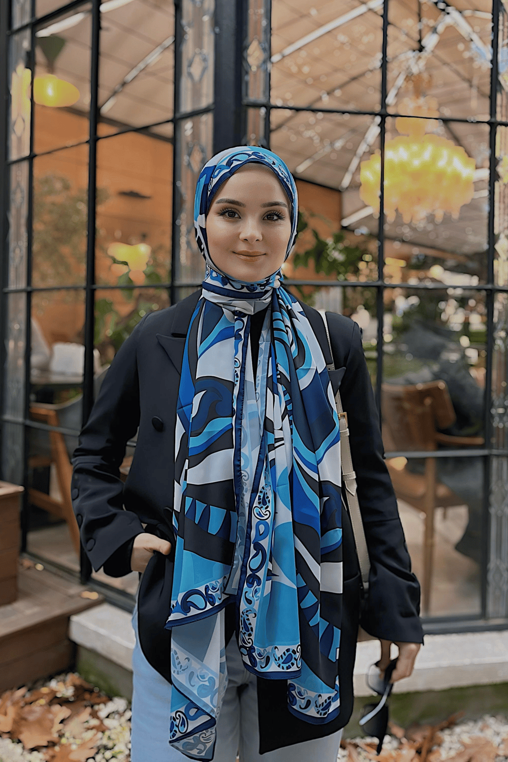 Betül'ün Pastel Mavi Dila Desen İpek Şal Tercihi