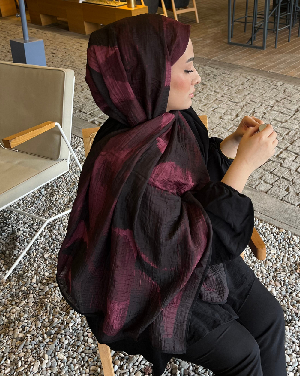 Bordo Karan Desenli Müslin Şal