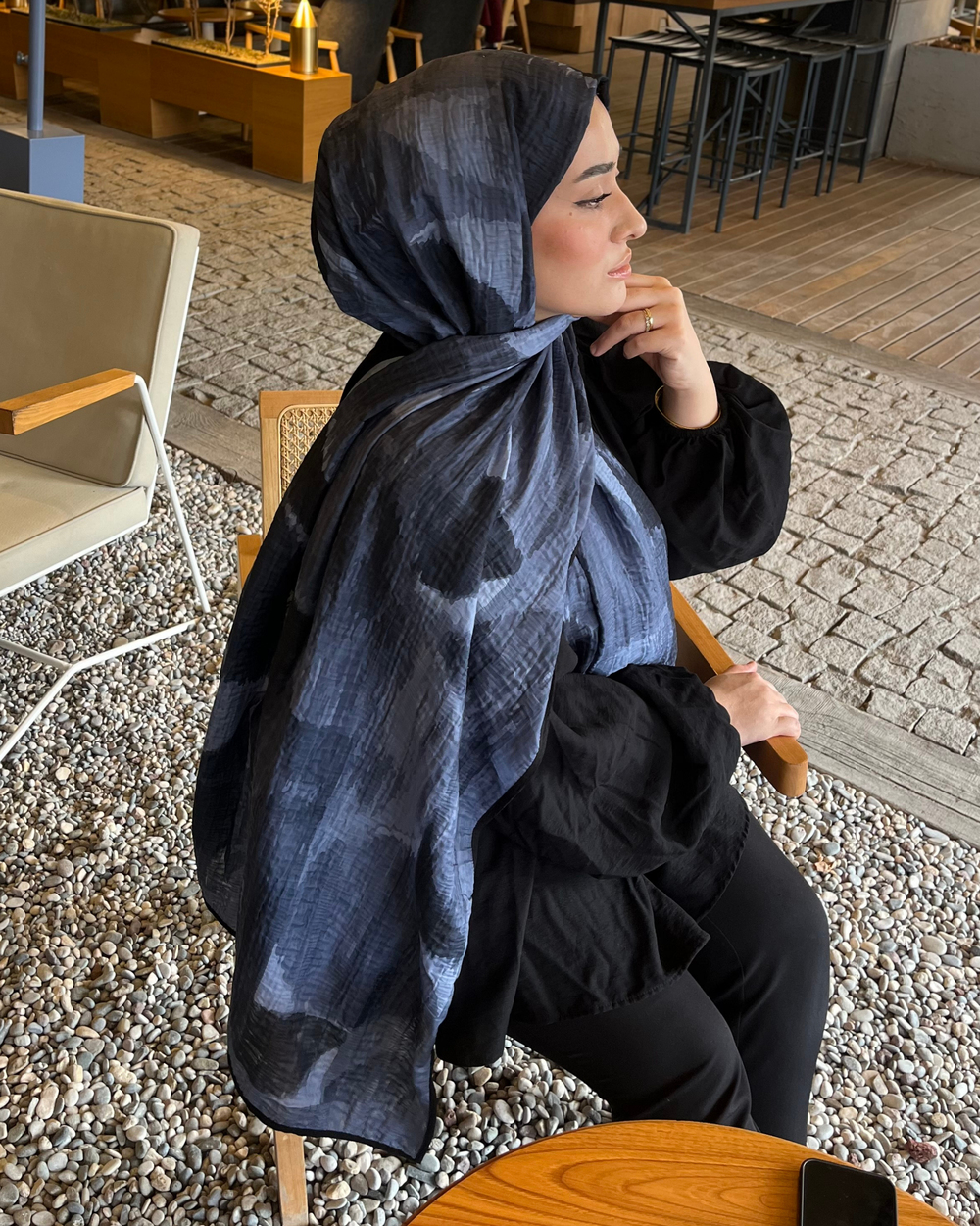 Buz Mavi Karan Desenli Müslin Şal