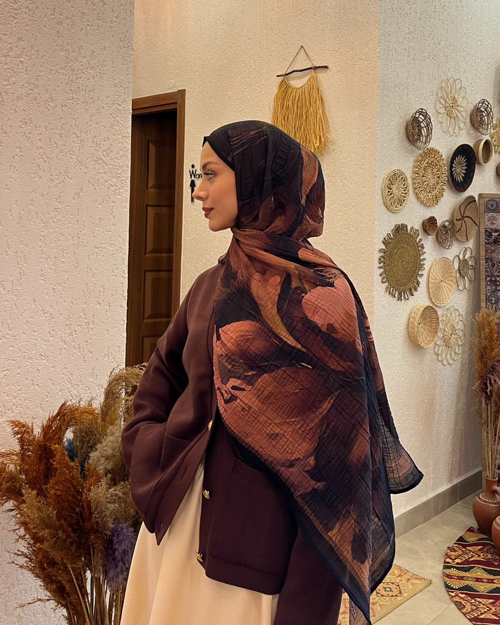 Camel Floral Desenli Müslin Şal