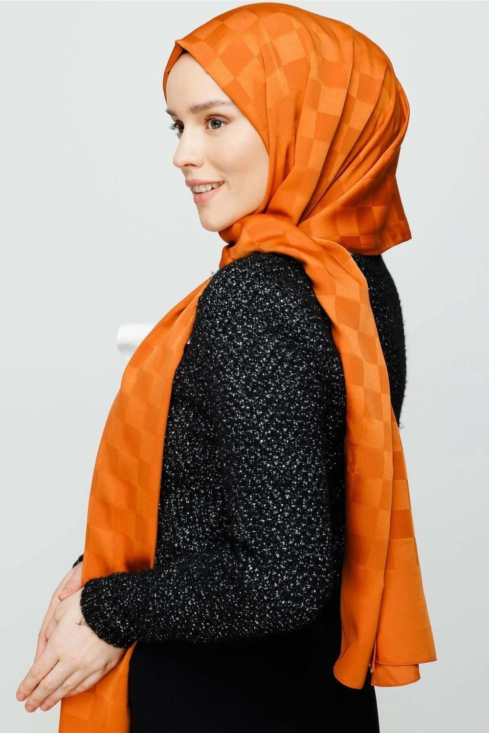 Dama Desen İpeksi Jakar Şal - Kiremit