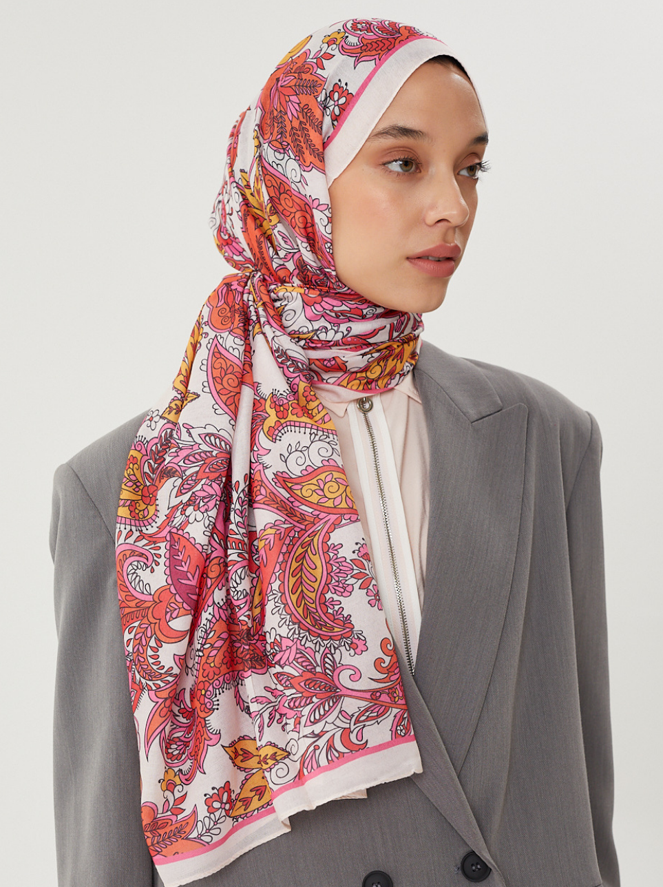 Ekru & Pastel Pembe Retro Desen Şal