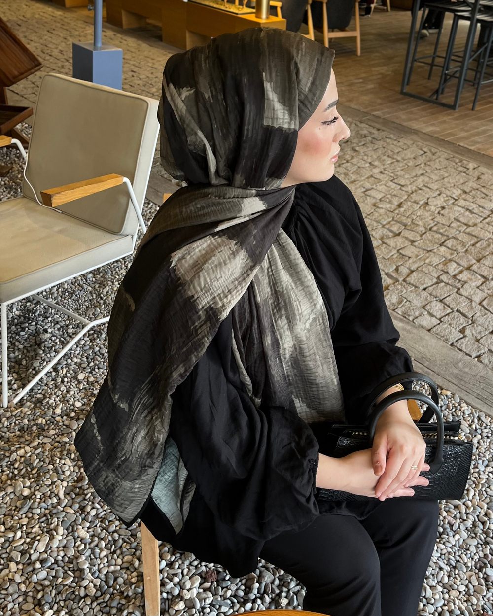 Füme Karan Desenli Müslin Şal