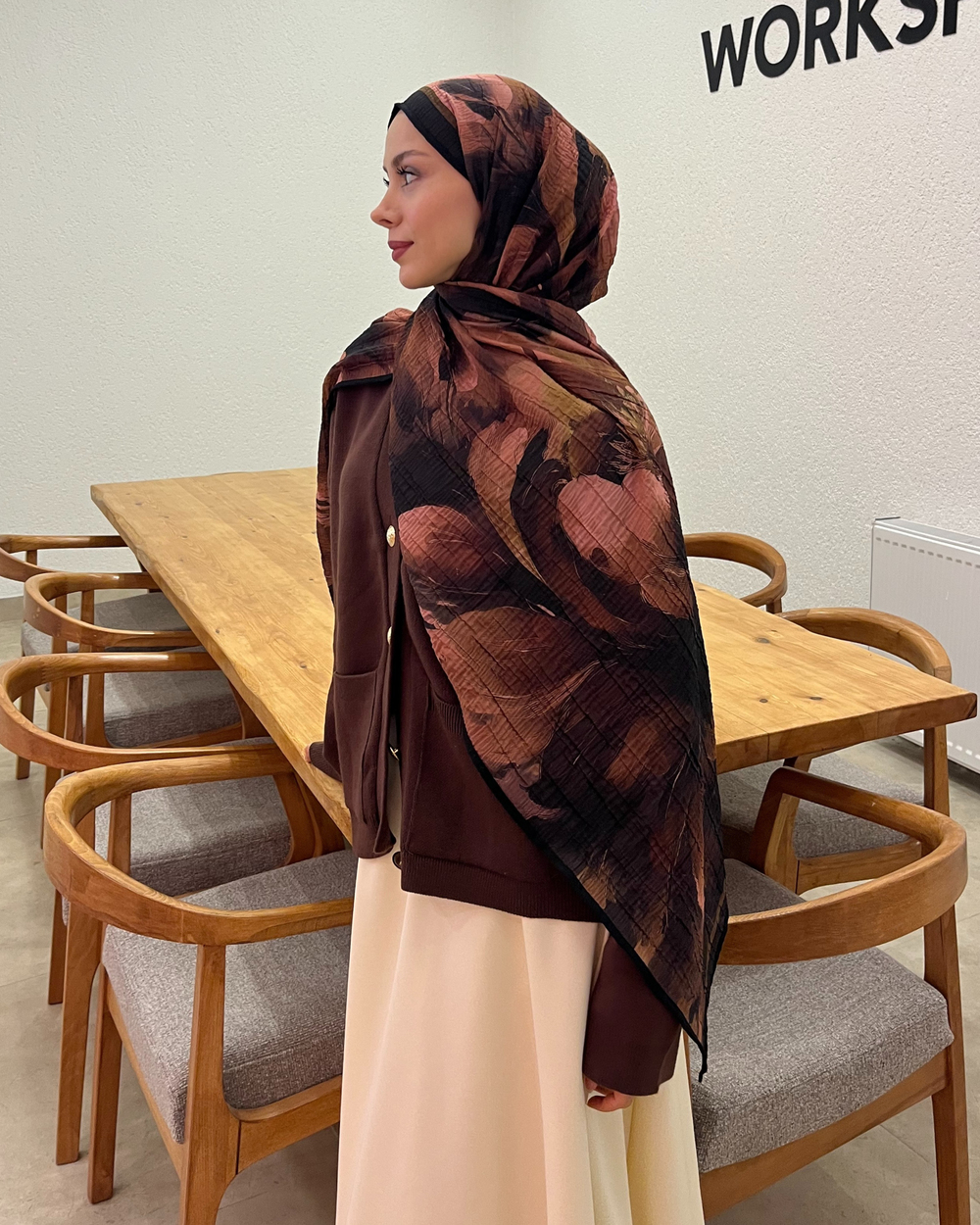 Gül Kurusu Floral Desenli Müslin Şal