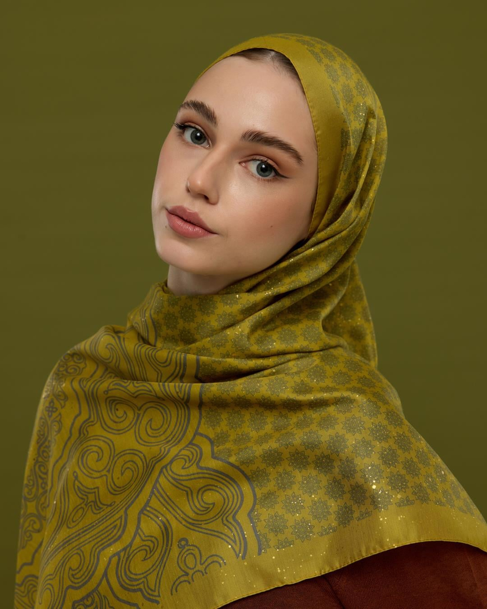 Hasat Sarısı & Kurşun Gri Bala Hatun Desen Işıltılı Şal
