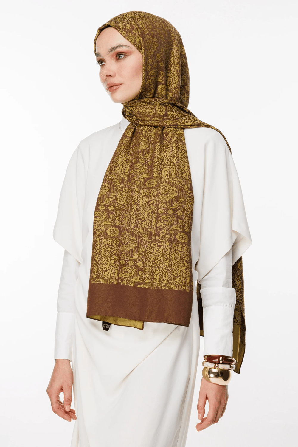 Henna Desen Çift Taraflı Şal - Acı Kahve-Hardal