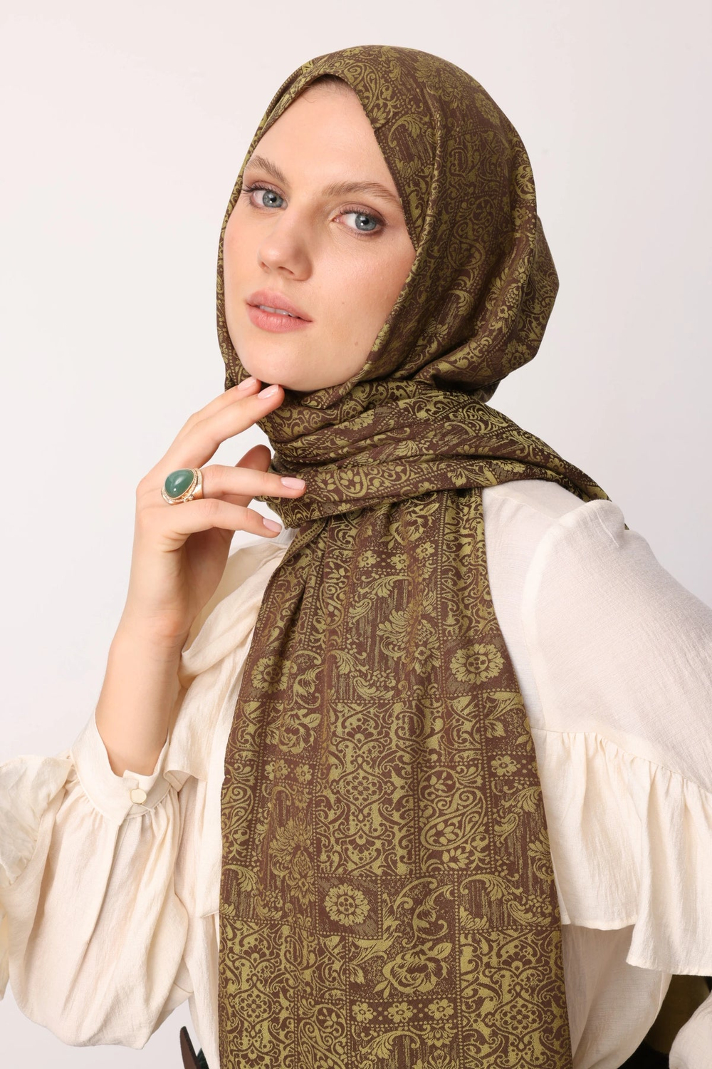 Henna Desen Çift Taraflı Şal - Acı Kahve-Somon