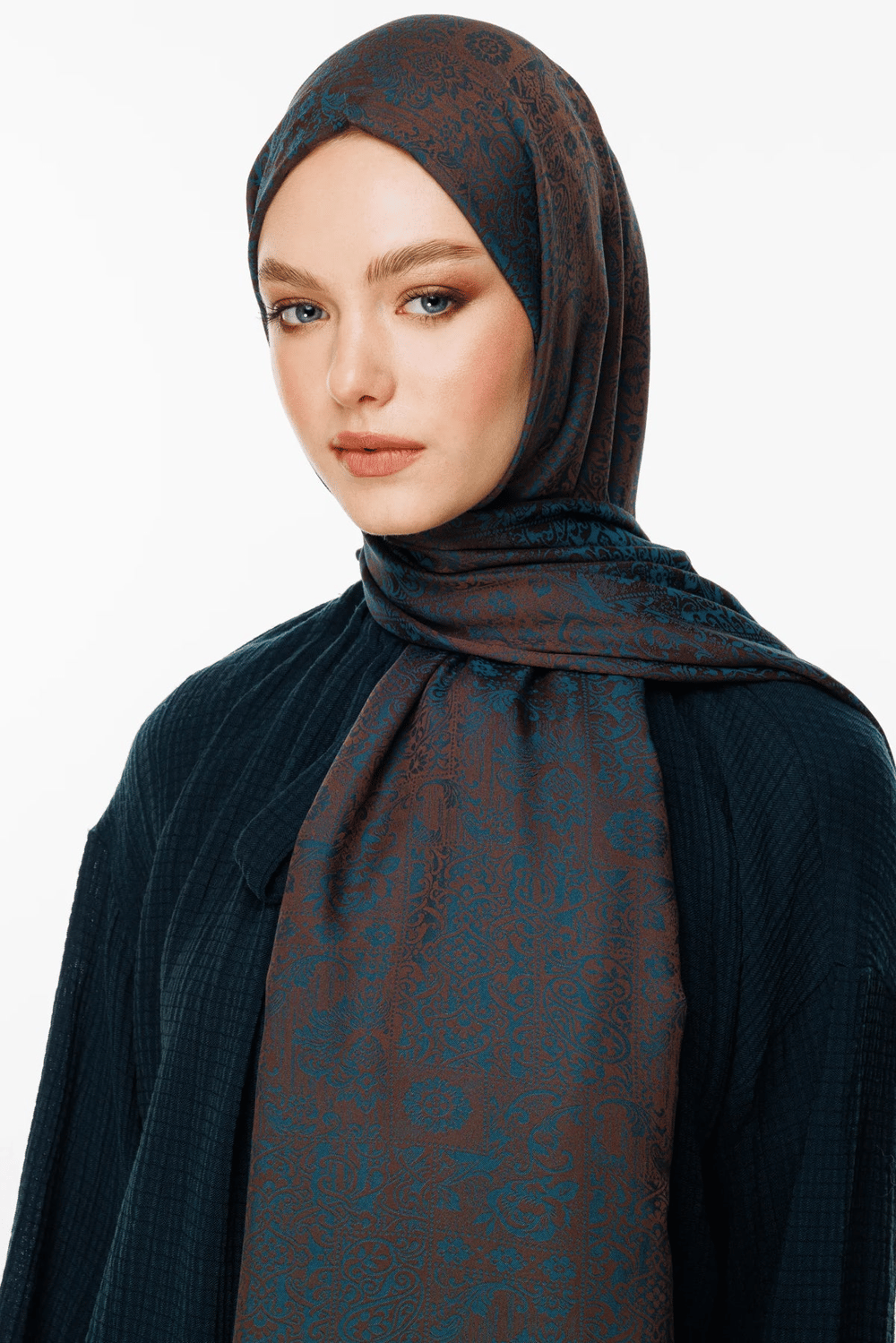 Henna Desen Çift Taraflı Şal - Acı Kahve-Petrol Mavisi
