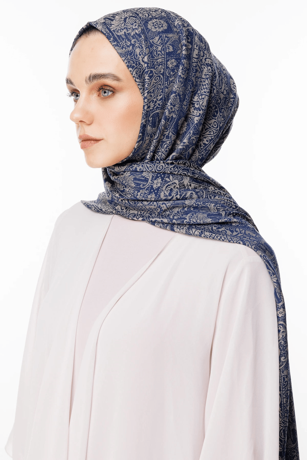 Henna Desen Çift Taraflı Şal - Lacivert-Bej
