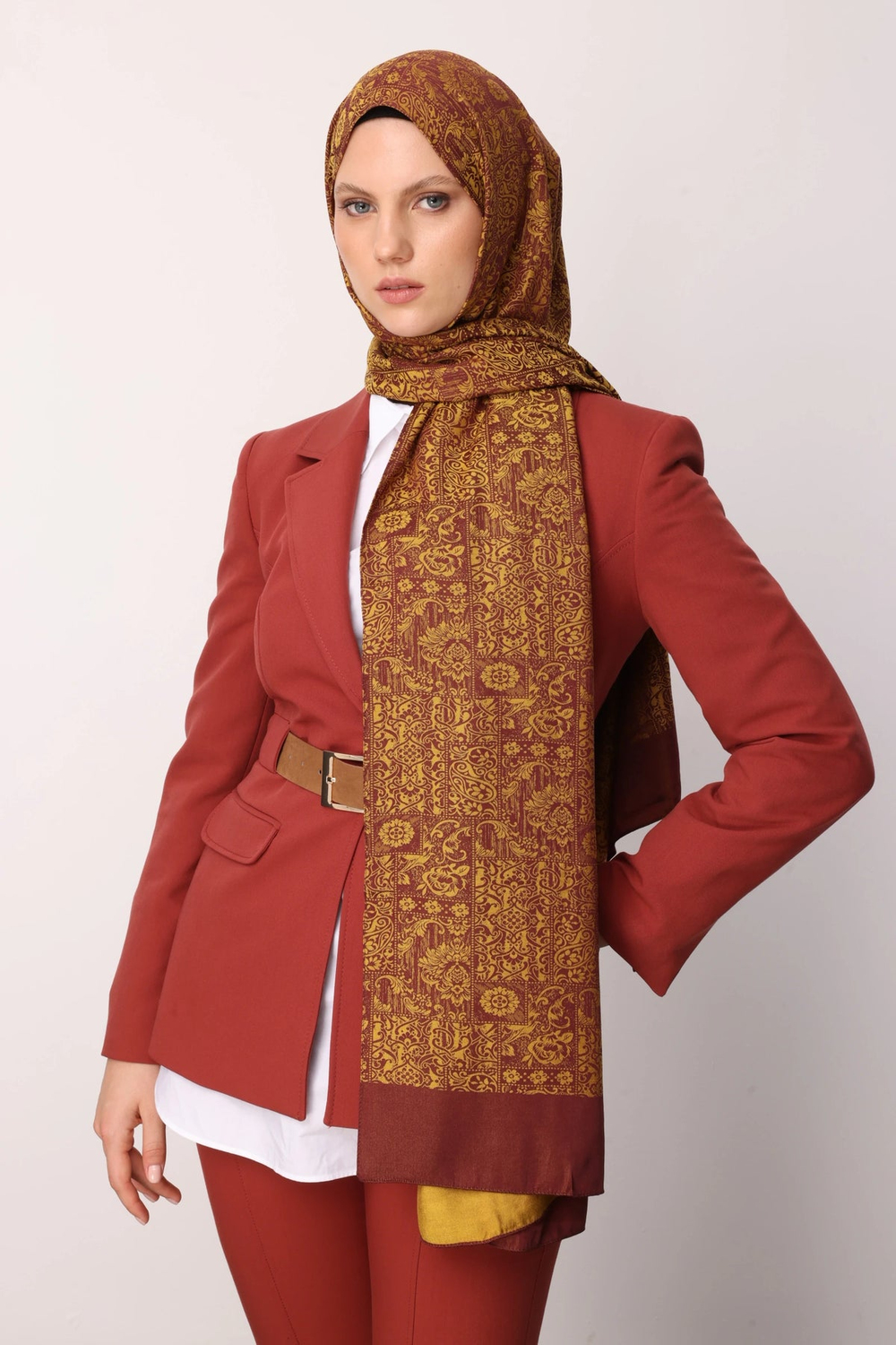 Henna Desen Çift Taraflı Şal - Mürdüm-Sarı
