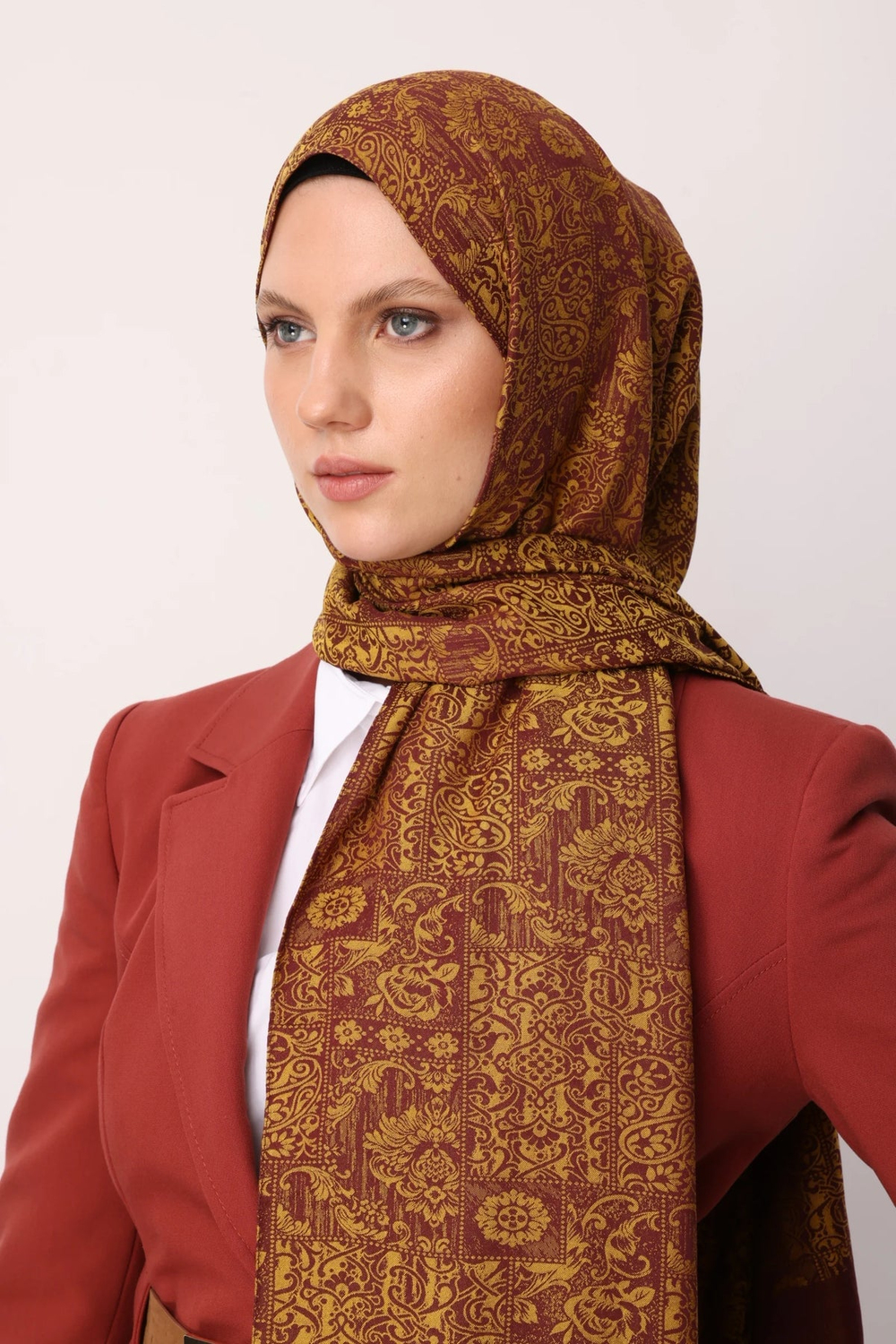 Henna Desen Çift Taraflı Şal - Mürdüm-Sarı