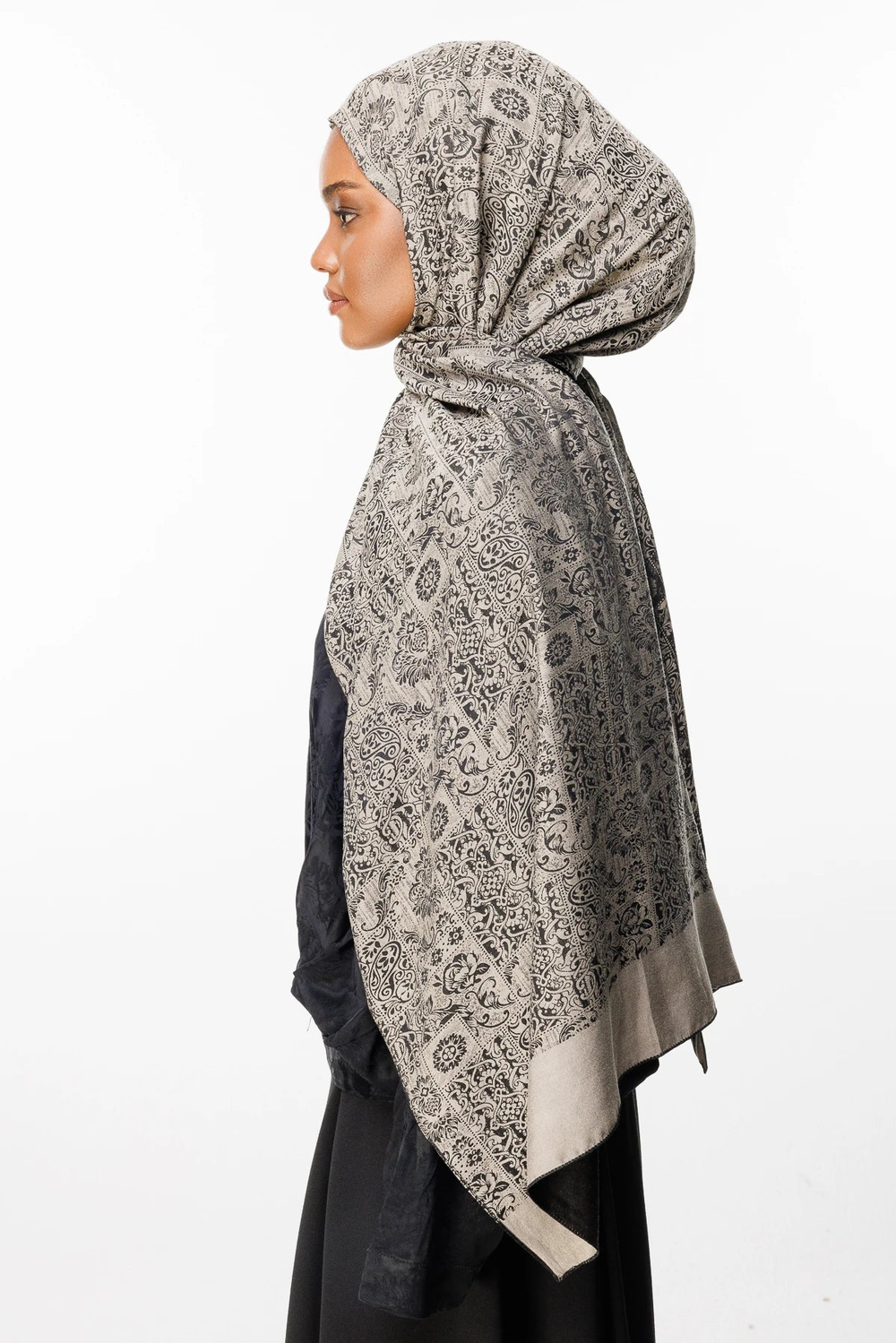 Henna Desen Çift Taraflı Şal - Siyah-Bej