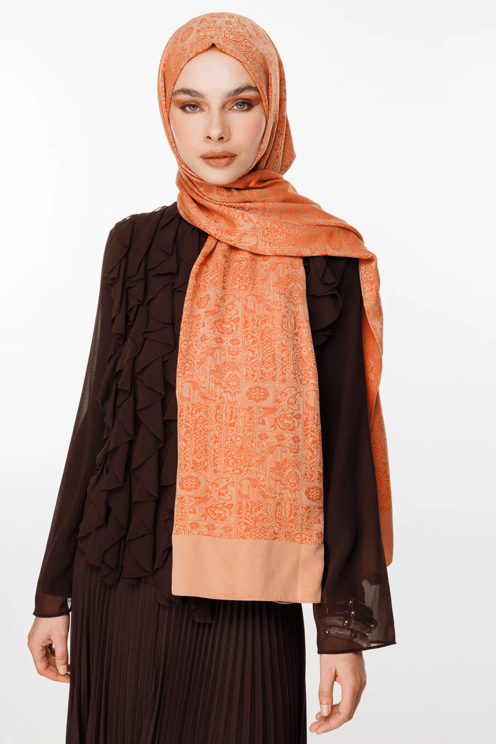 Henna Desen Çift Taraflı Şal - Tarçın-Bej