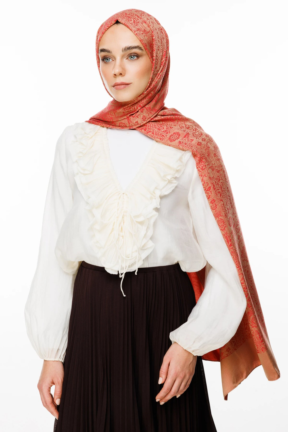 Henna Desen Çift Taraflı Şal - Vizon-Kırmızı