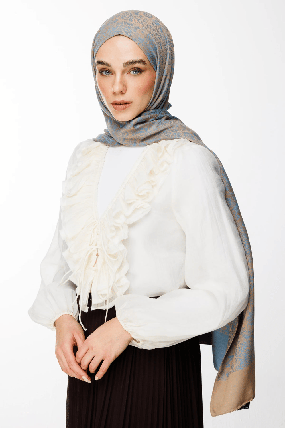 Henna Desen Çift Taraflı Şal - Vizon-Turkuaz