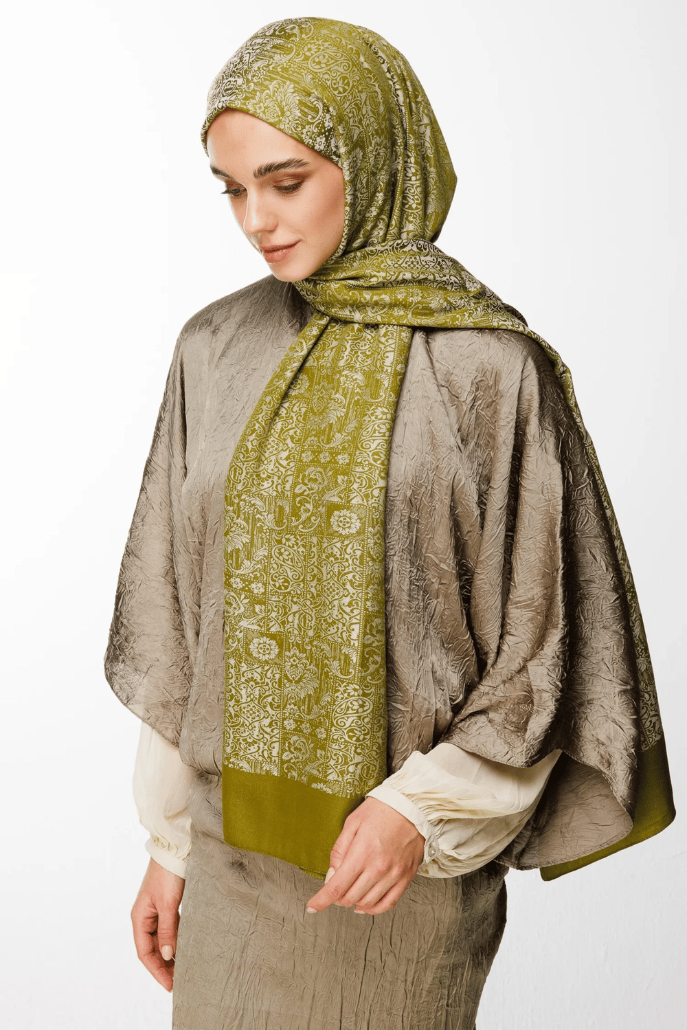 Henna Desen Çift Taraflı Şal - Yağ Yeşili-Ekru