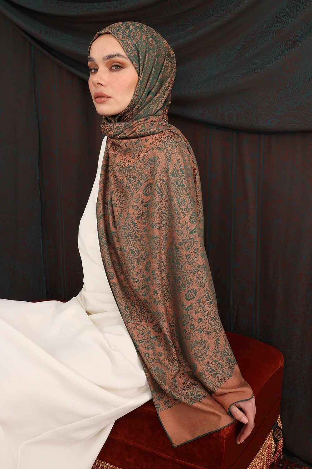 Henna Desen Çift Taraflı Şal - Zümrüt-Kayısı