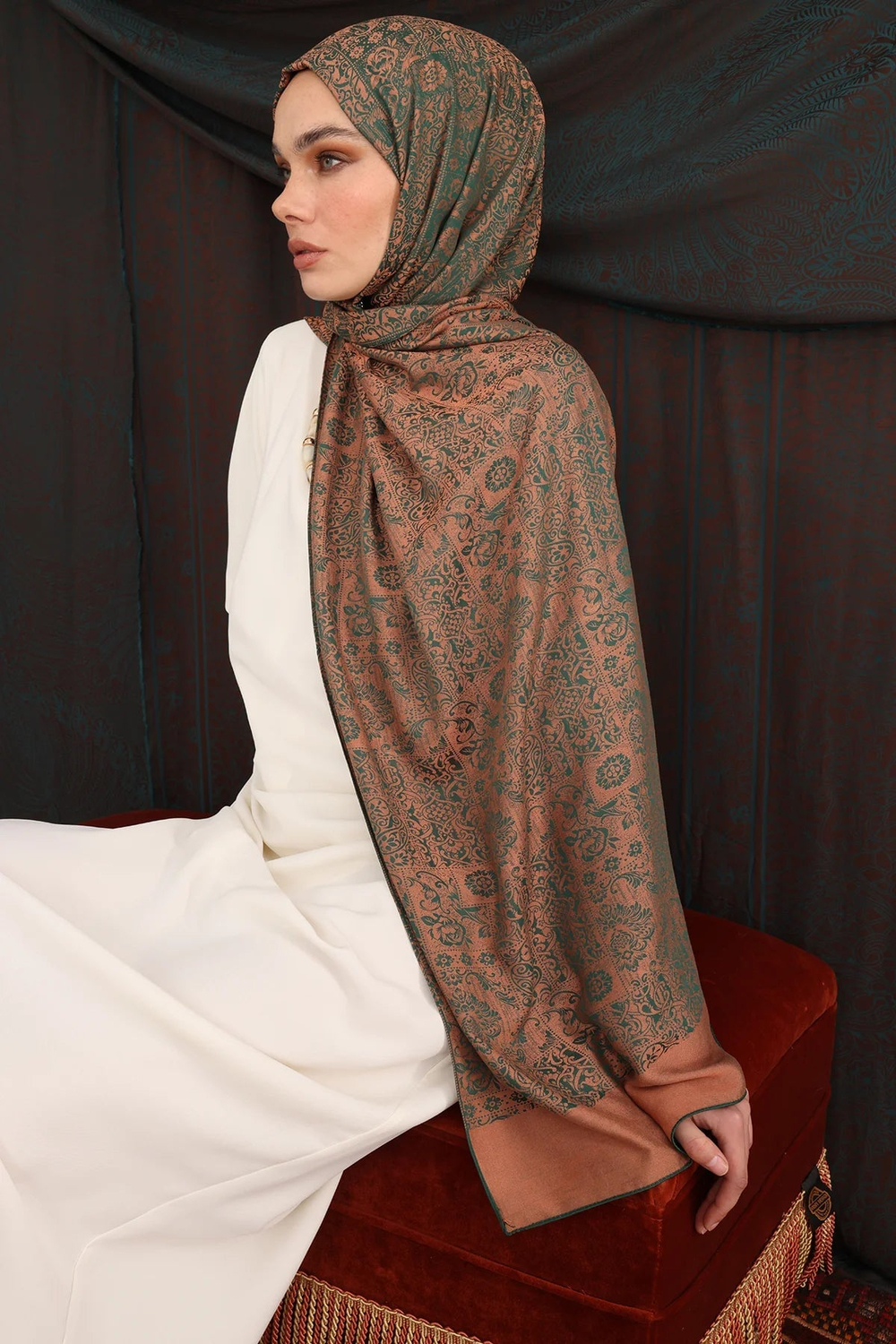 Henna Desen Çift Taraflı Şal - Zümrüt-Kayısı