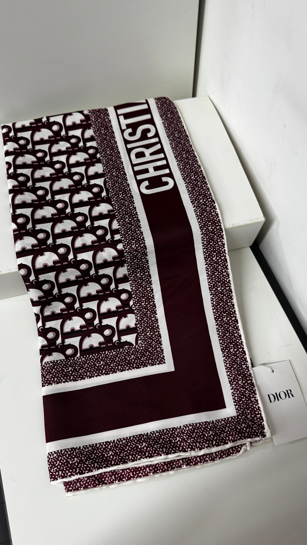 İthal Bordo CD Monogram Desen Twill İpek Eşarp