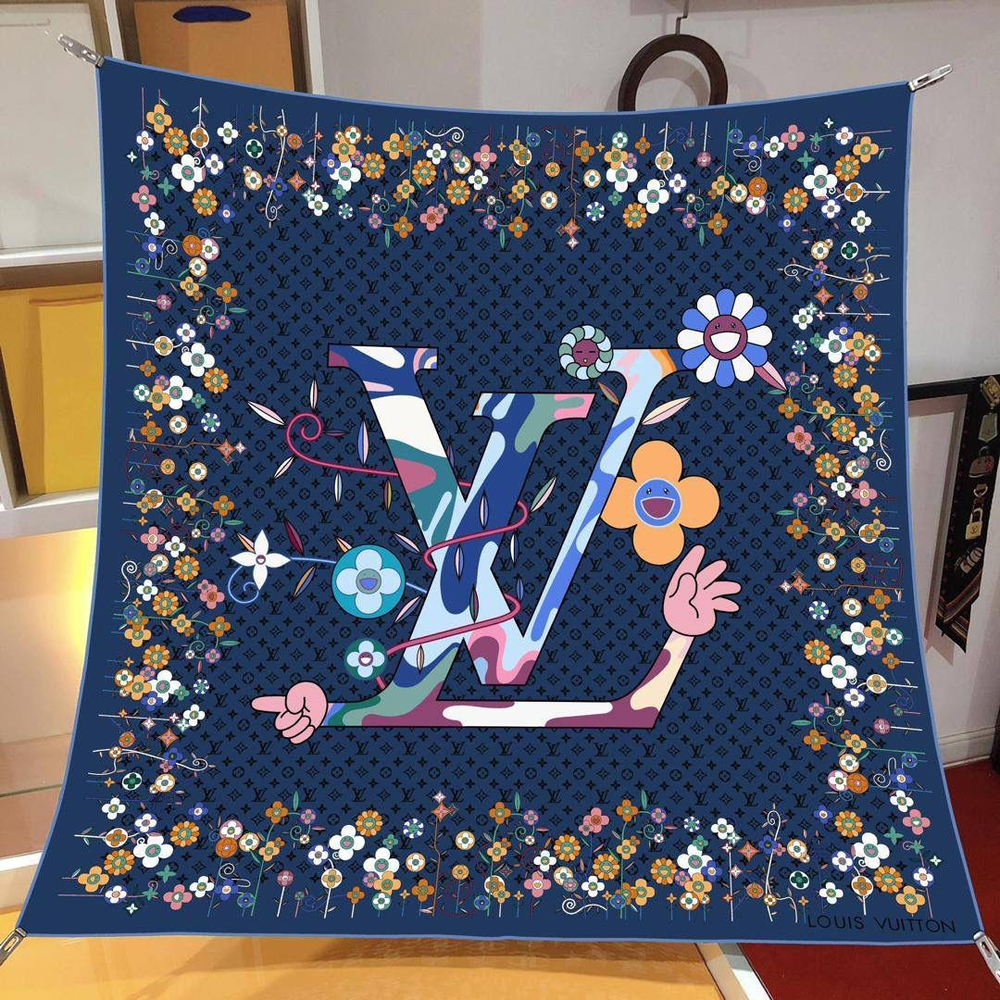 İthal Lacivert LV Flower Desen Twill İpek Eşarp