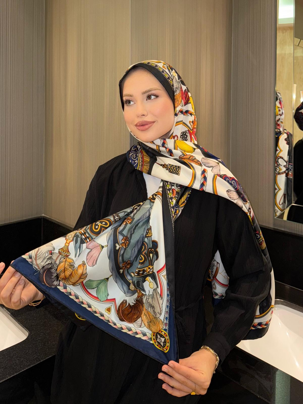 İthal Siyah & Lacivert H Halat Desen Twill İpek Şal 
