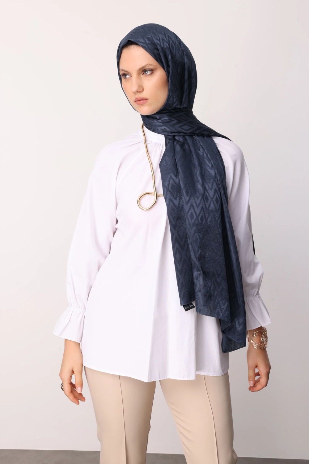 Karo Desen Parlak Jakar Şal - Gece Mavisi