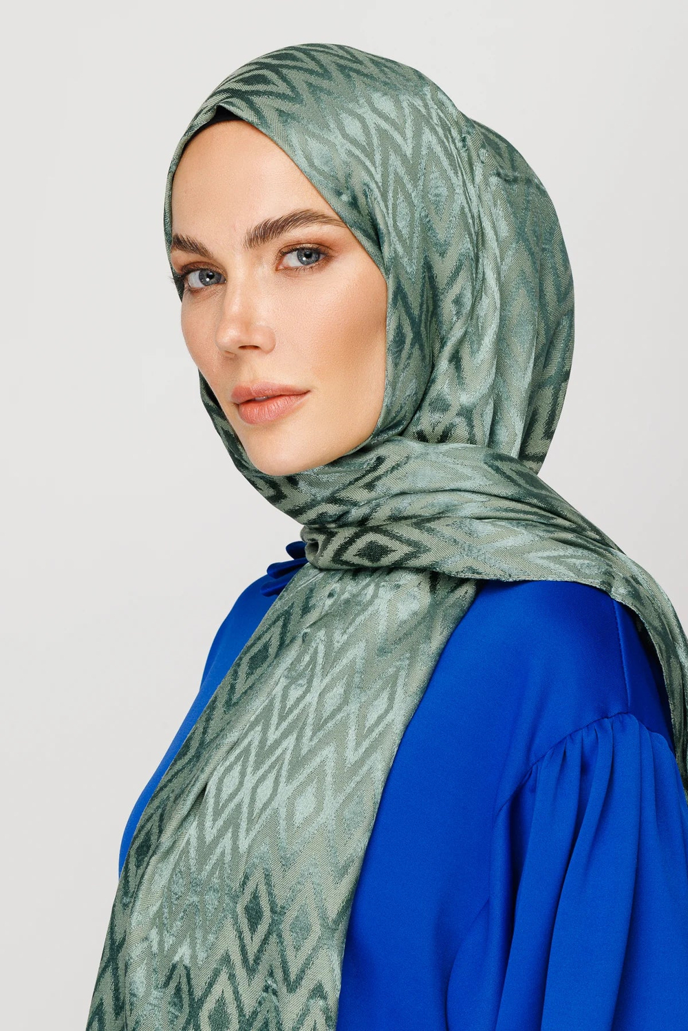 Karo Desen Parlak Jakar Şal - Küf Yeşili