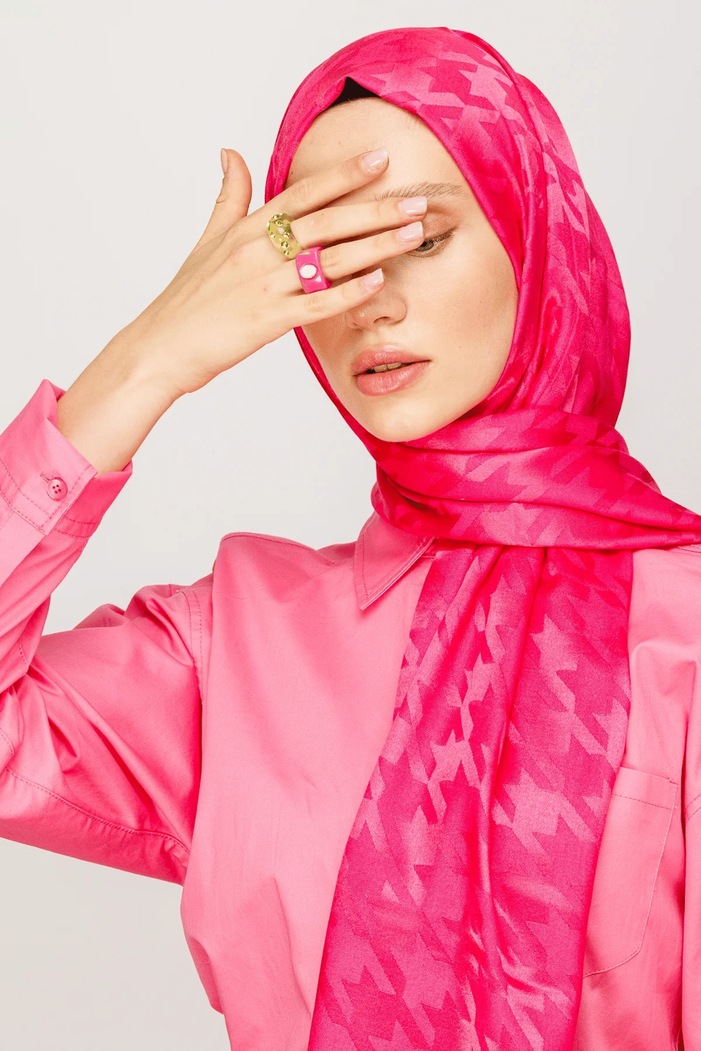 Kazayağı Desen Parlak Jakar Şal - Fuşya