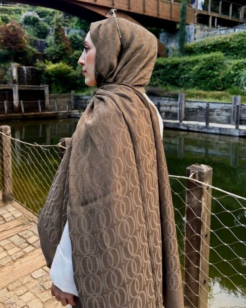 Koyu Vizon Imannoor Aura Desen Pamuk Jakar Şal