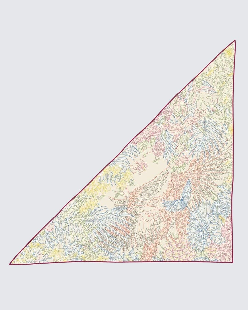 Krem & Pembe / Mavi - Çizgisel Kuş ve Sarmaşık Desenli Kaşmir Omuz Şalı