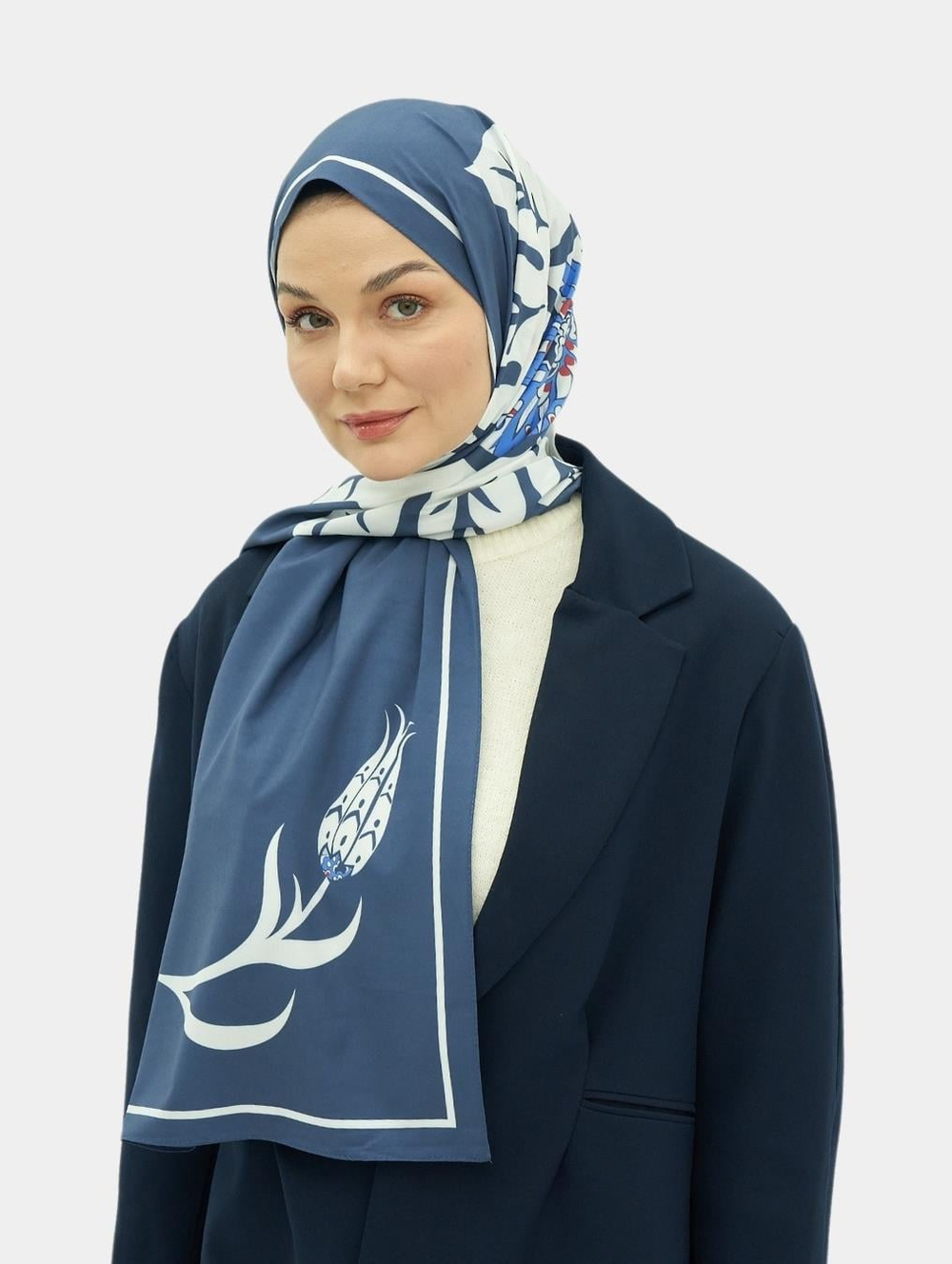 Lacivert Hasna Desen Pamuk Vual Şal