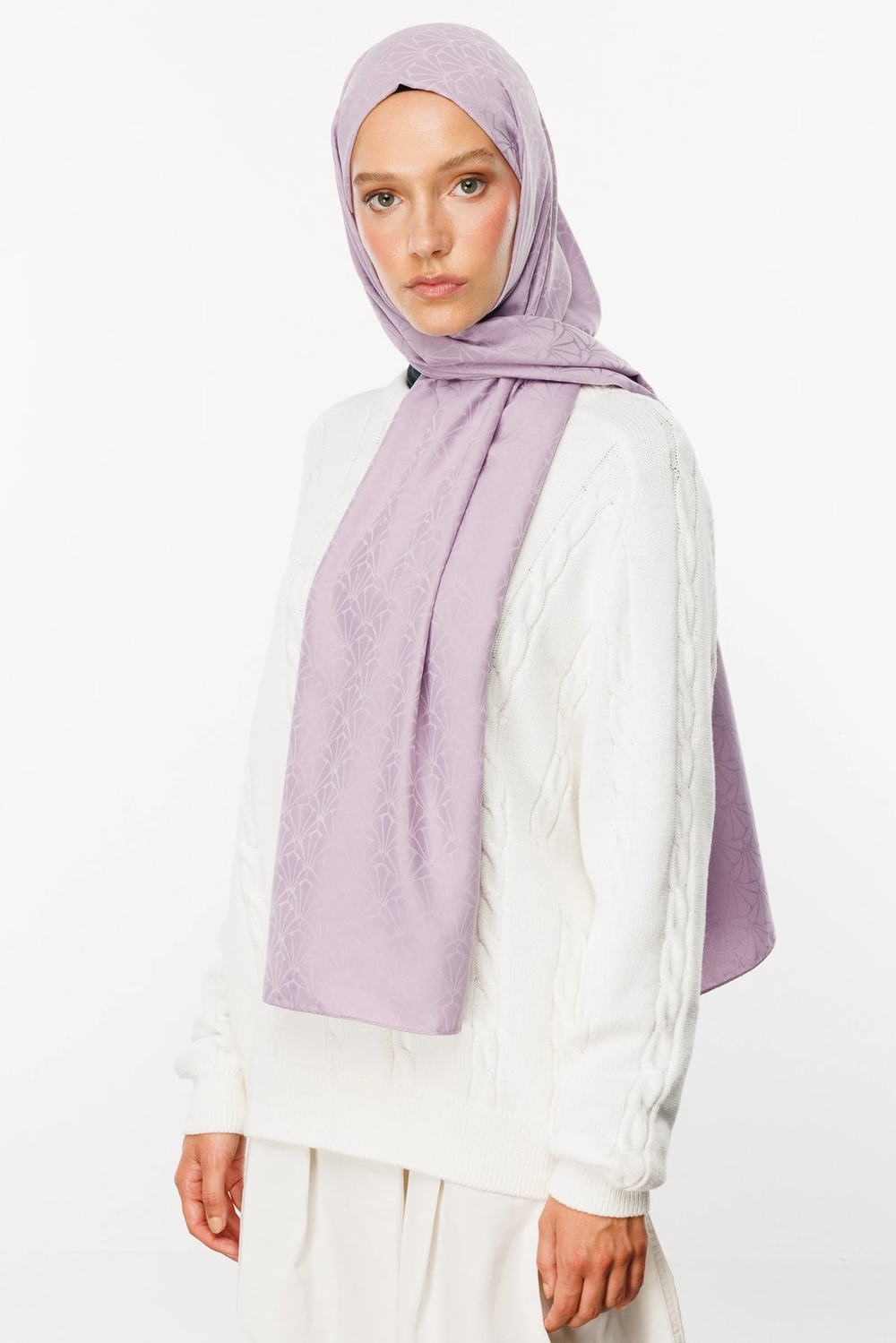 Lotus Desen İpeksi Jakar Şal - Lila