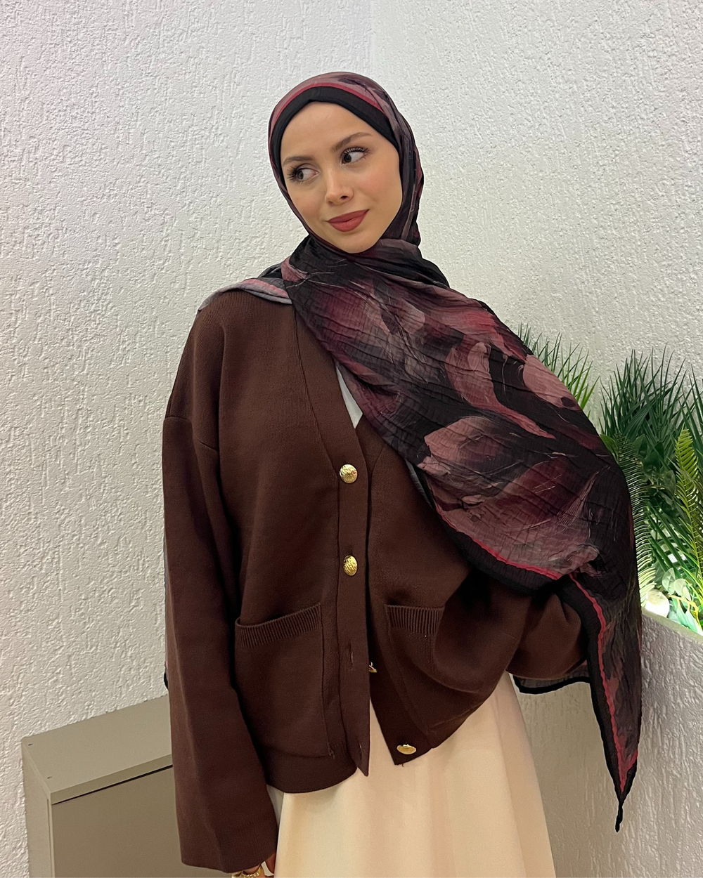 Mürdüm Floral Desenli Müslin Şal